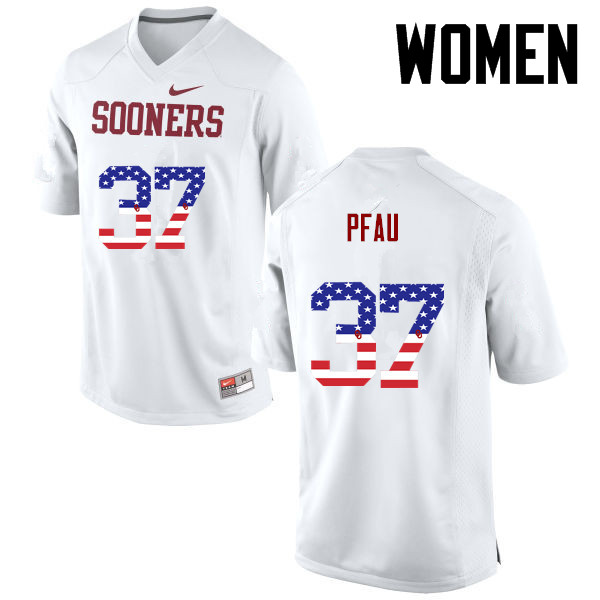 Women Oklahoma Sooners #37 Kyle Pfau College Football USA Flag Fashion Jerseys-White - Click Image to Close